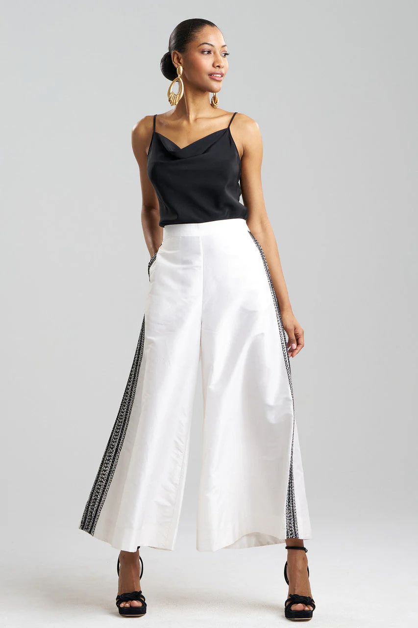 Couture Silk Dupioni Embroidered Trim Palazzo Pants - Image 2