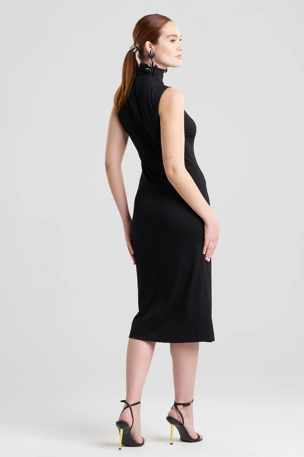 Crepe Knit Mock Neck Ruched Dress - Image 3