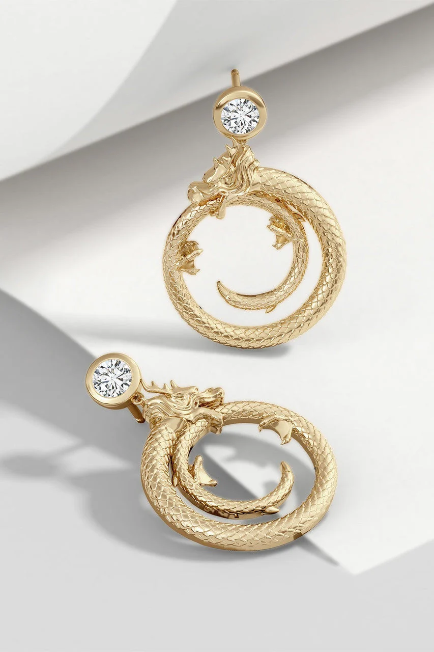 Dragon 14k Yellow Gold Ear Danglers With Diamond