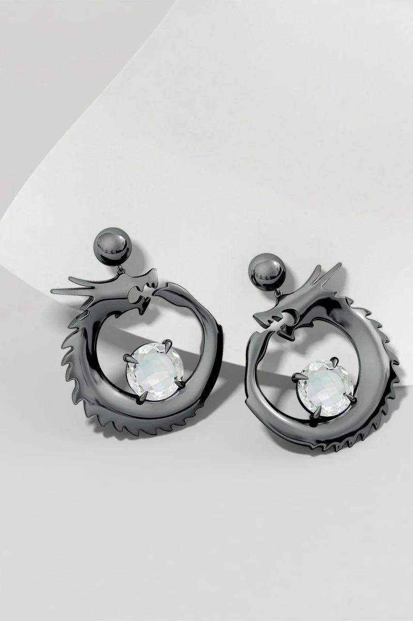 Dragon Midnight Silver and White Topaz Dangler Earrings