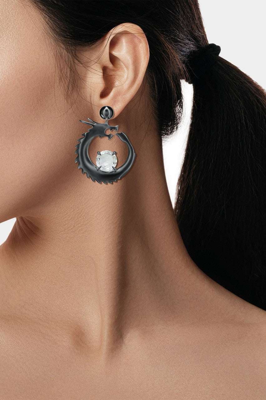 Dragon Midnight Silver and White Topaz Dangler Earrings - Image 3