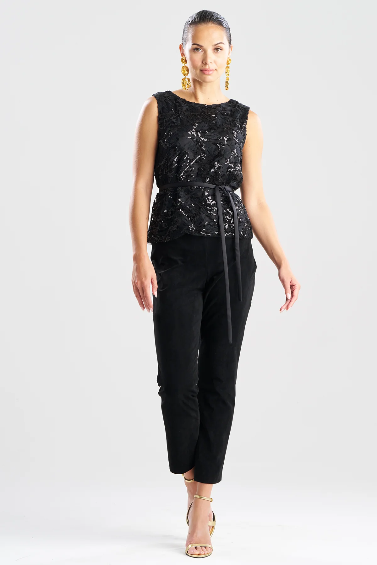 Floral Sequin Lace Belted Sleeveless Top