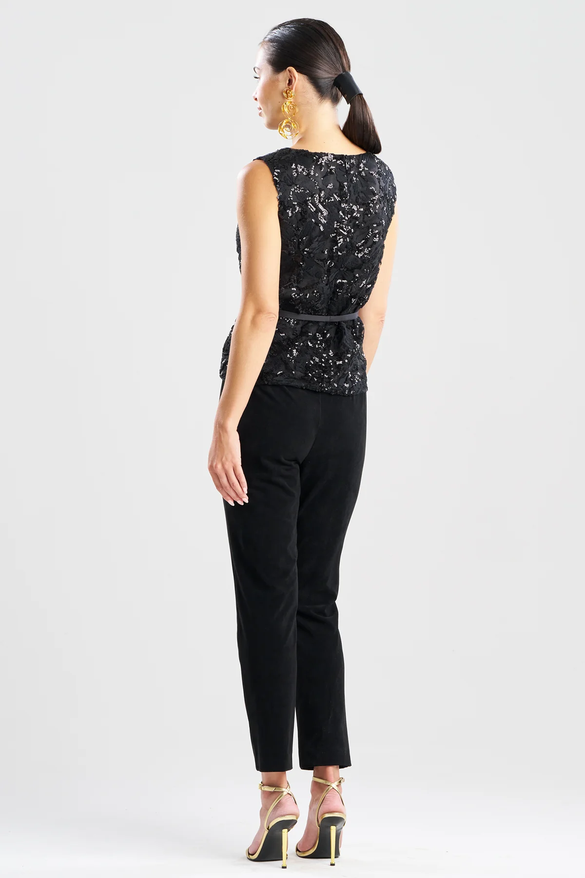 Floral Sequin Lace Belted Sleeveless Top - Image 2
