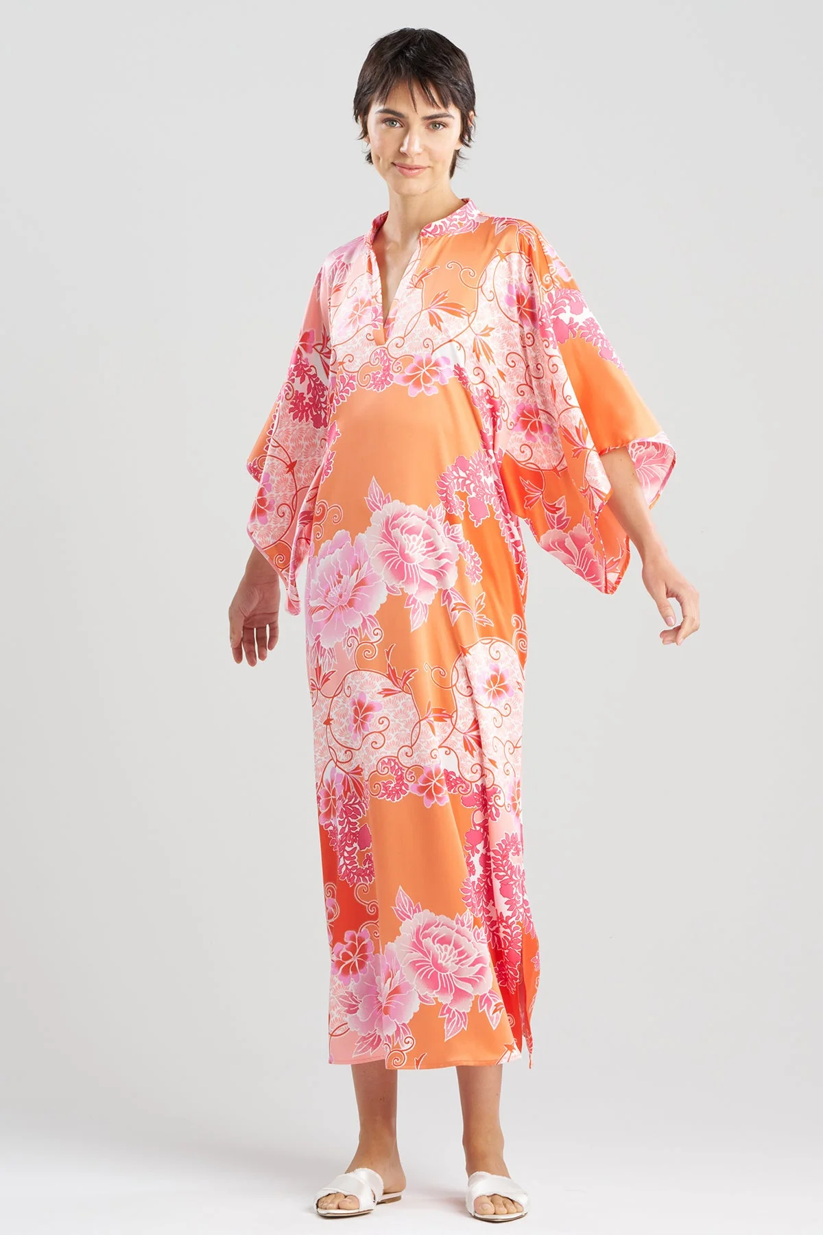 Flourish Printed Satin Mandarin Butterfly Caftan