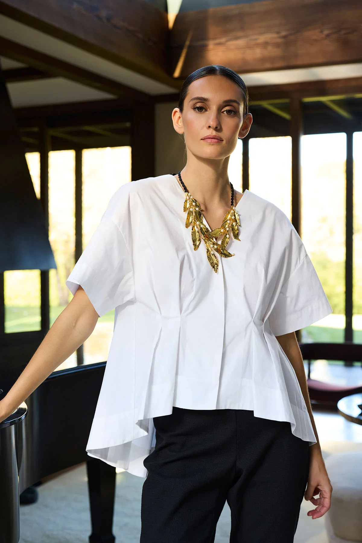 Fresh Water Pearl & Gold Plated Cluster Leaf Necklace - Image 3