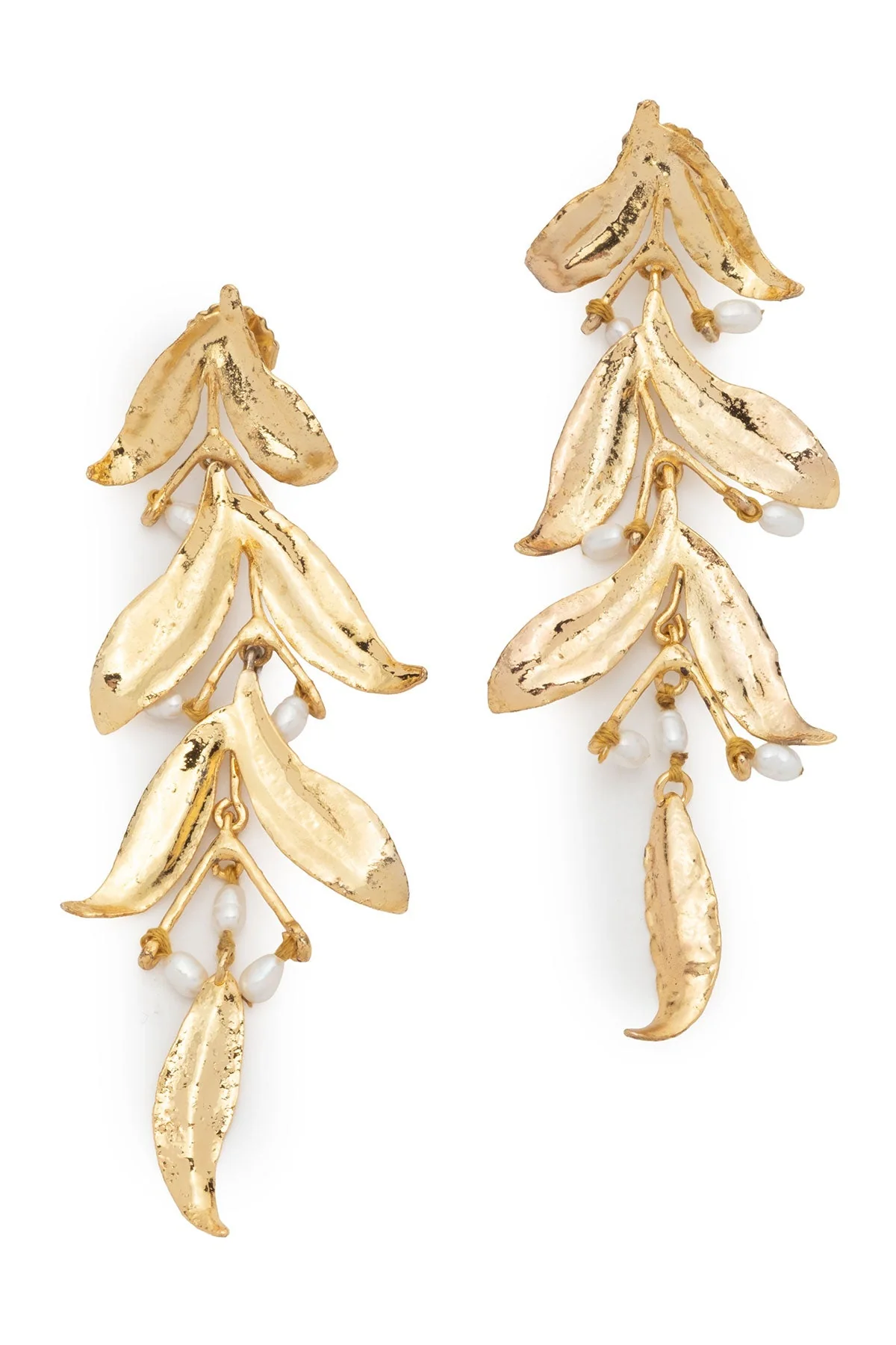 Fresh Water Pearl & Gold Plated Drop Leaf Pierced Earrings
