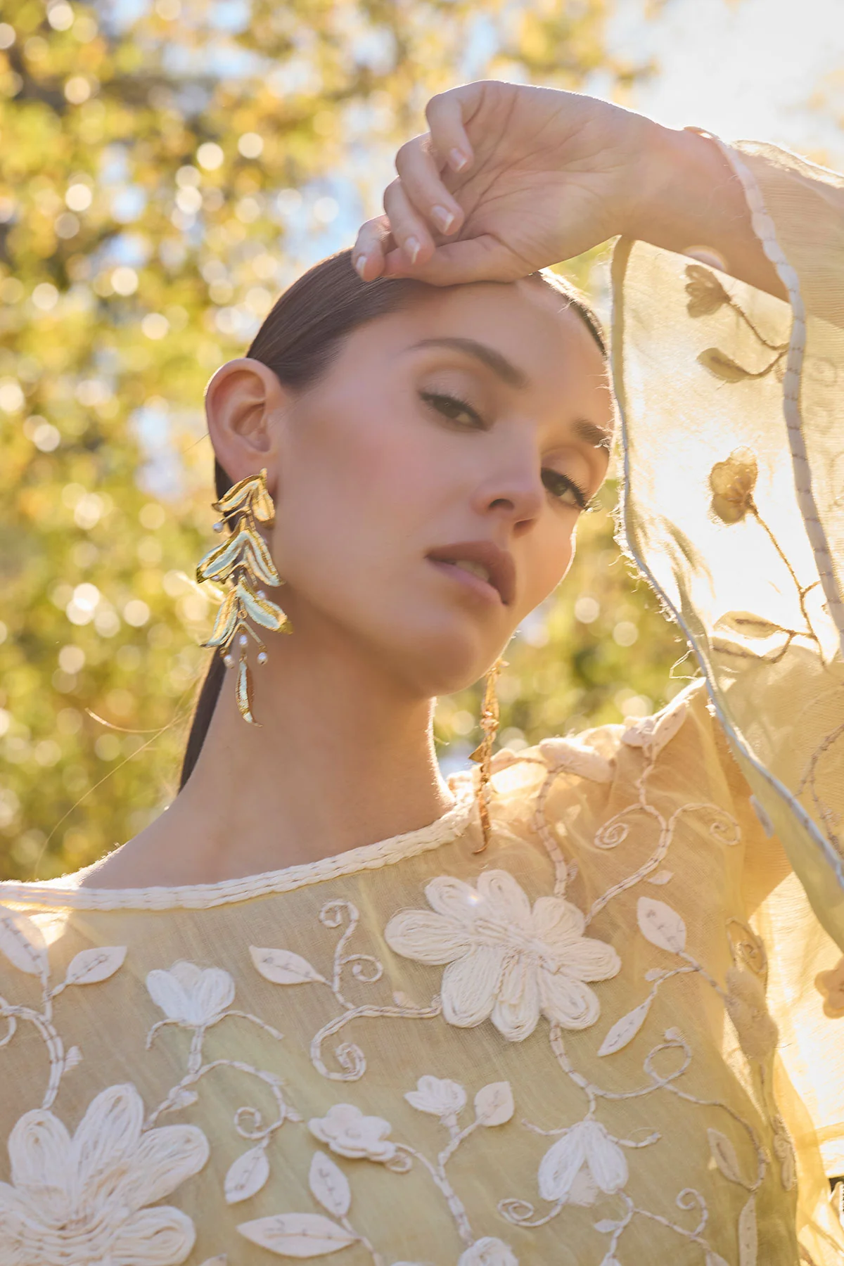 Fresh Water Pearl & Gold Plated Drop Leaf Pierced Earrings - Image 2