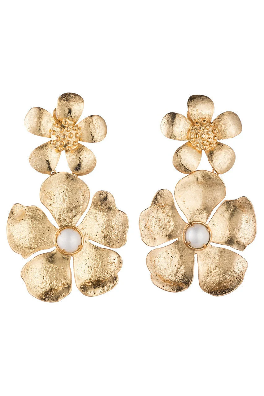 Gold Brass Double Peony Clip Earrings With Pearl - Image 2