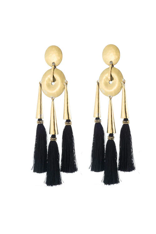 Gold Plated Brass Black Fringe Clip Earrings