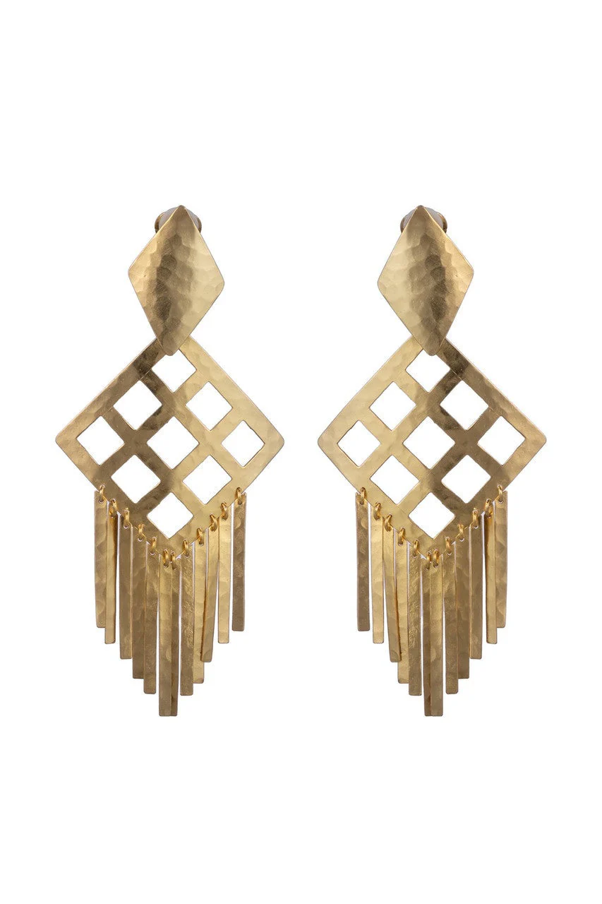 Gold Plated Brass Geo Fringe Clip Earrings