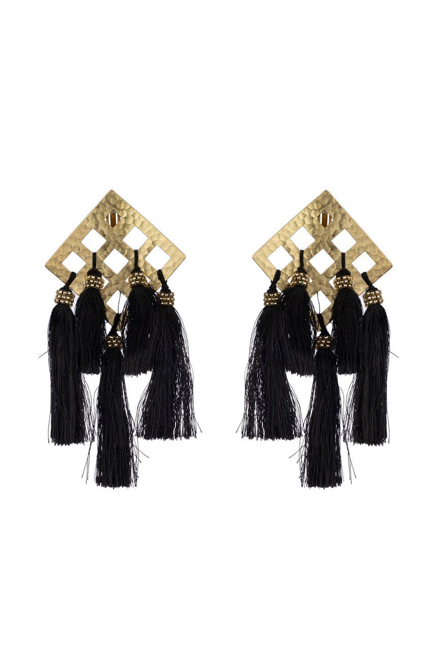 Gold Plated Brass Geo Tassel Clip Earrings
