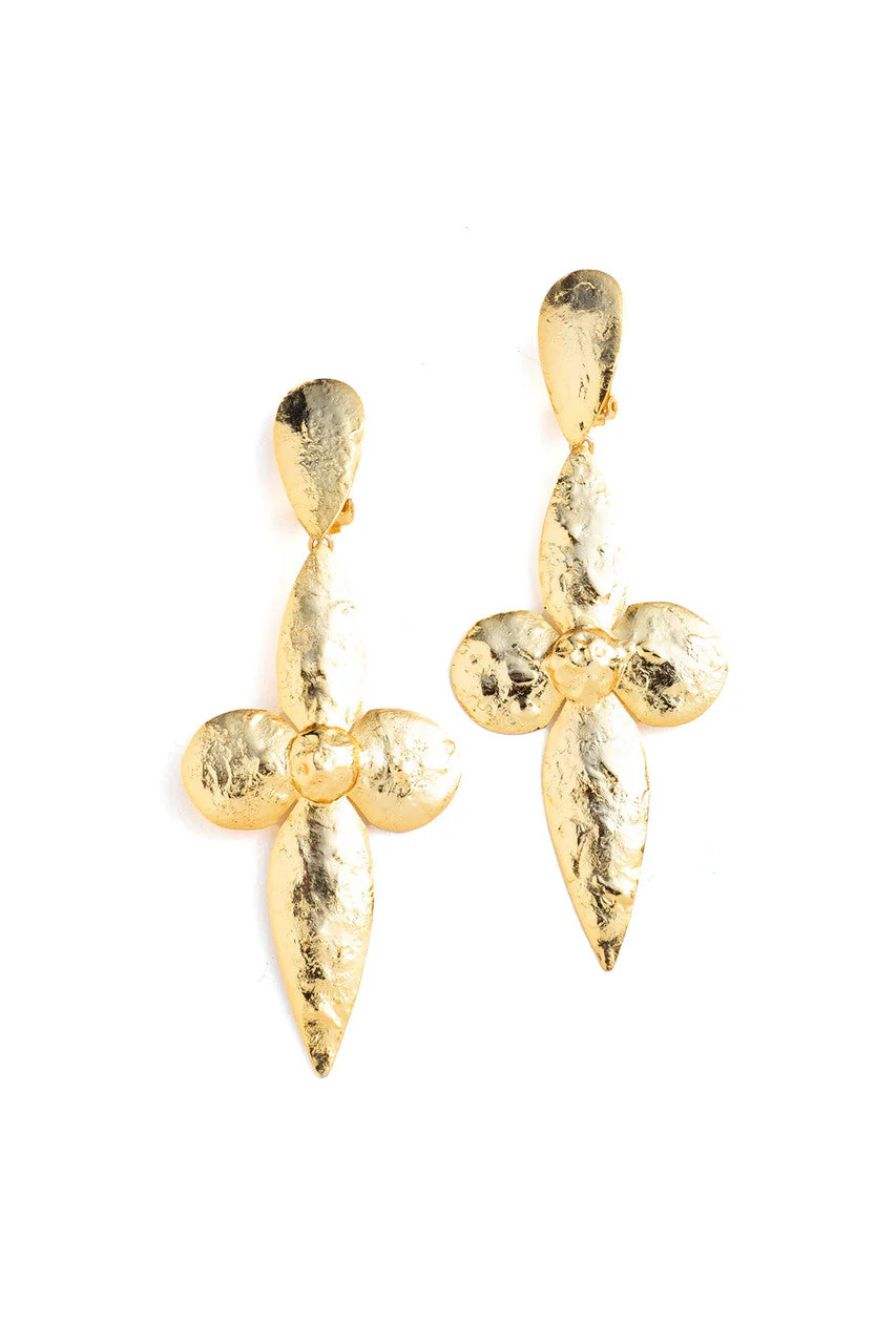 Gold Plated Brass Large Teardrop Floral Earrings