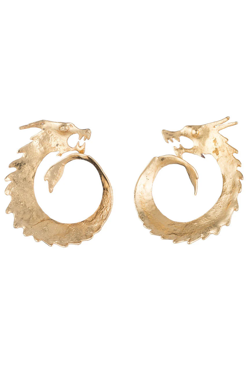 Hammered Brass Dragon Swirl Clip Earrings