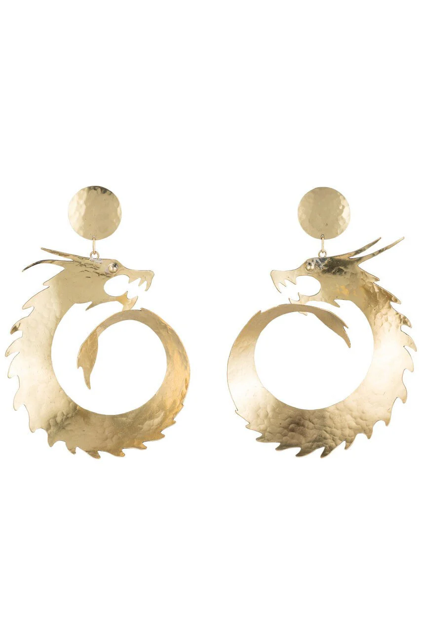 Hammered Brass Dragon Swirl Drop Clip Earrings