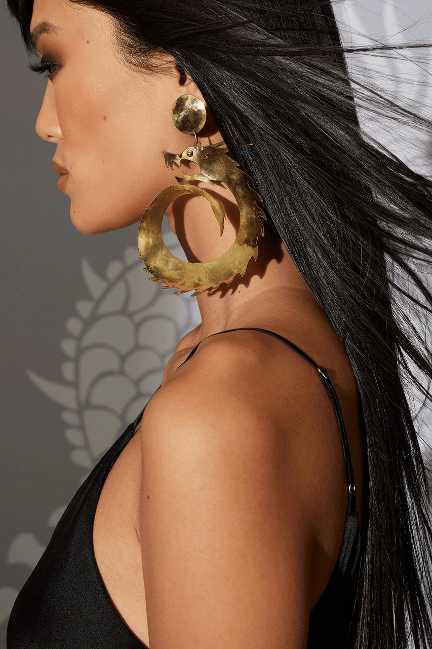 Hammered Brass Dragon Swirl Drop Clip Earrings - Image 7