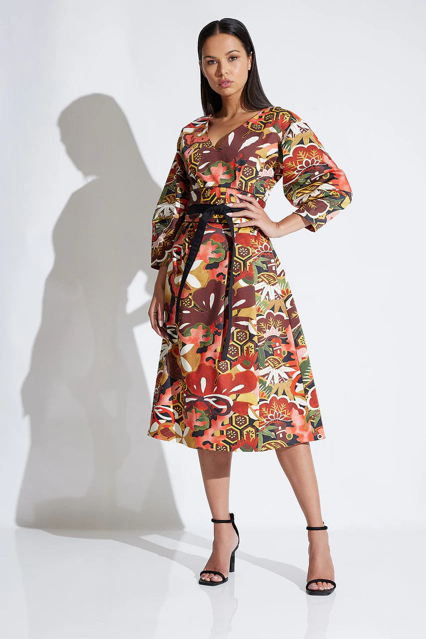 Ikebana Printed Cotton Sateen Lantern Sleeve Dress - Image 2