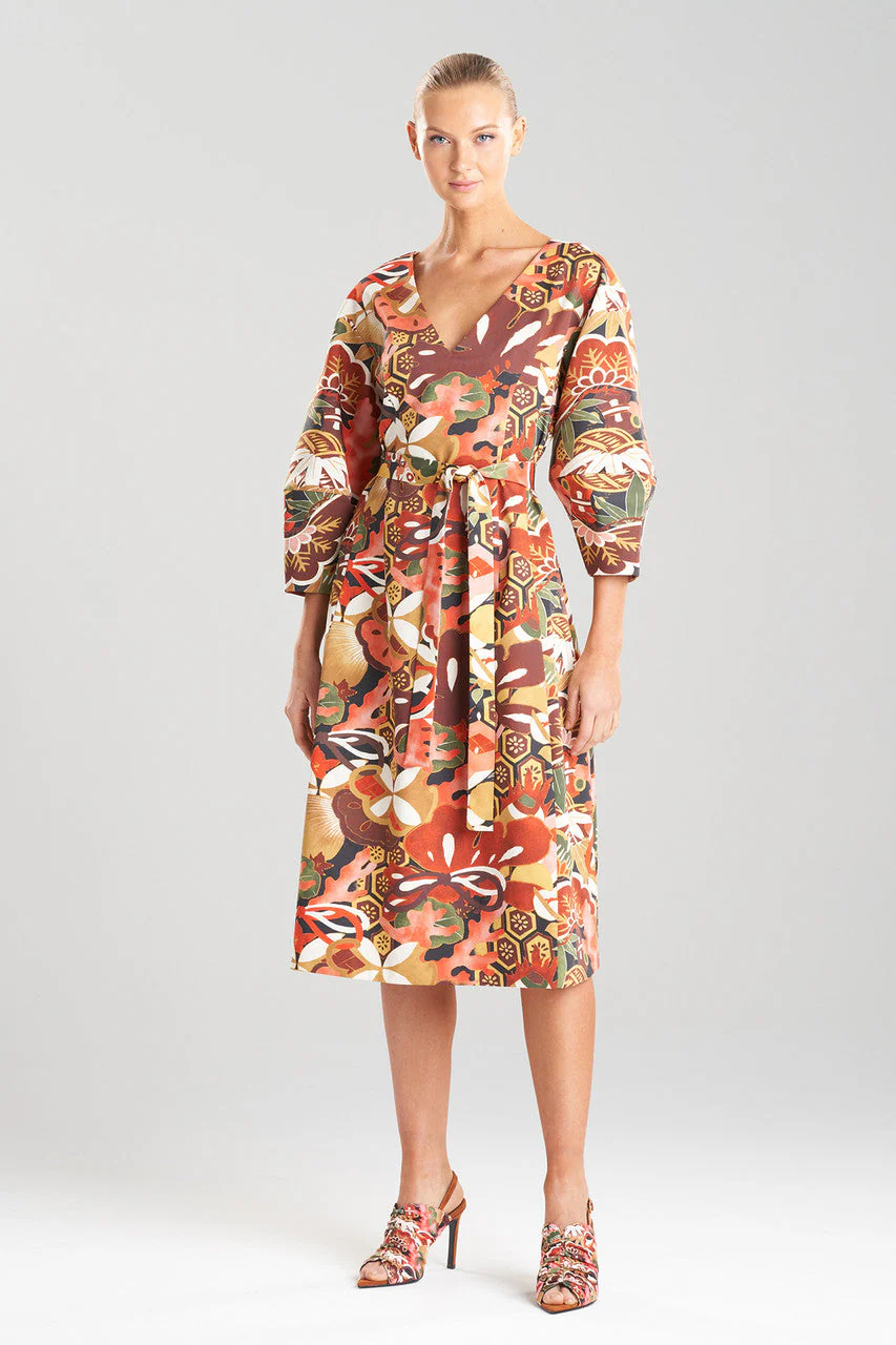 Ikebana Printed Cotton Sateen Lantern Sleeve Dress - Image 3