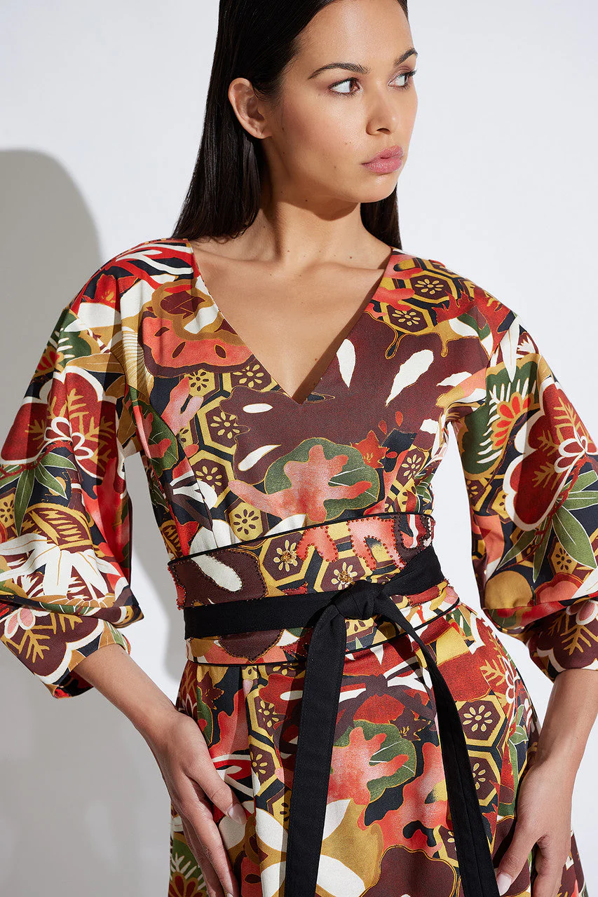 Ikebana Printed Cotton Sateen Lantern Sleeve Dress - Image 5