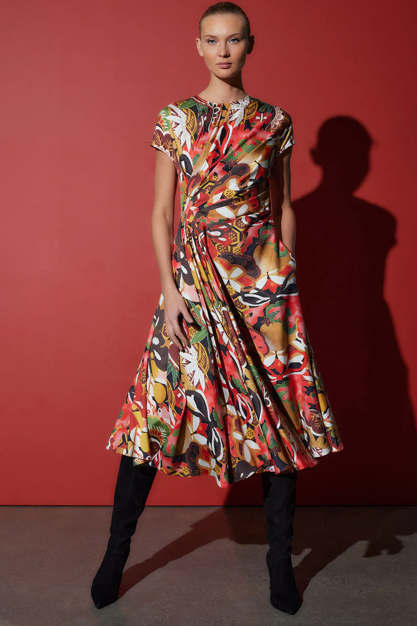 Ikebana Printed Cotton Silk Drape Dress - Image 3