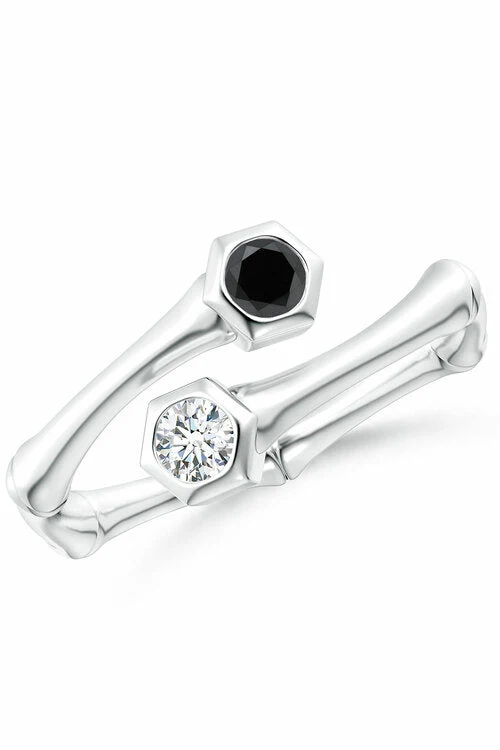 Indochine 14k Black & White Diamond Bamboo Bypass Ring