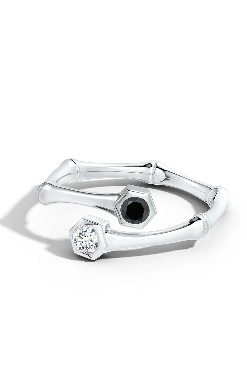 Indochine 14k Black & White Diamond Bamboo Bypass Ring - Image 7