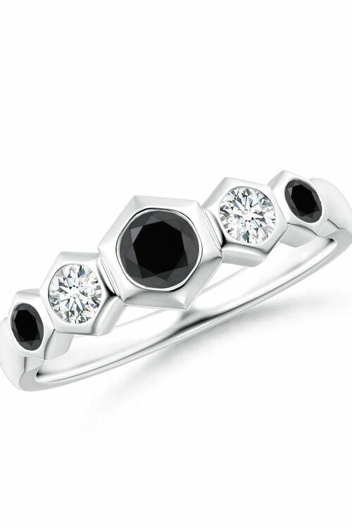 Indochine 14k Black & White Diamond Tapering Hexagon Stacking Ring