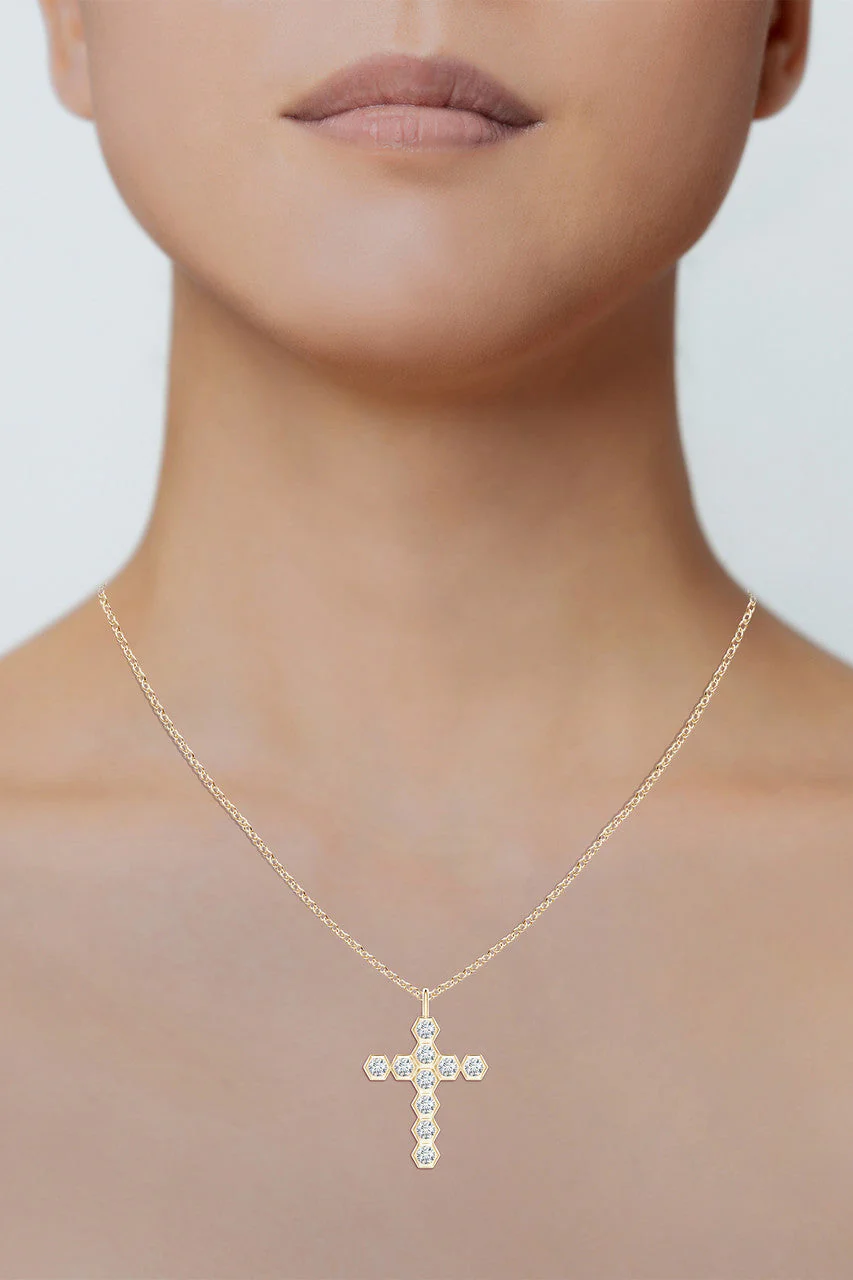 Indochine 14k Hexagon Diamond Cross Pendant Necklace - Image 6