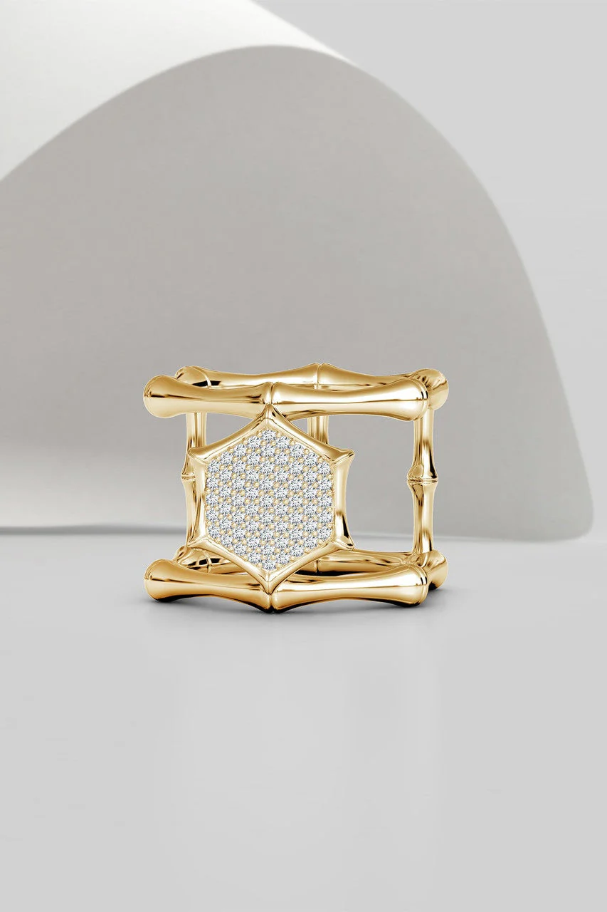 Indochine 14k Pave Diamond Hexagon Center Double Bamboo Band Cocktail Ring