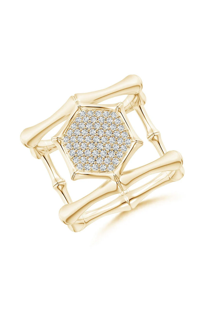 Indochine 14k Pave Diamond Hexagon Center Double Bamboo Band Cocktail Ring - Image 2