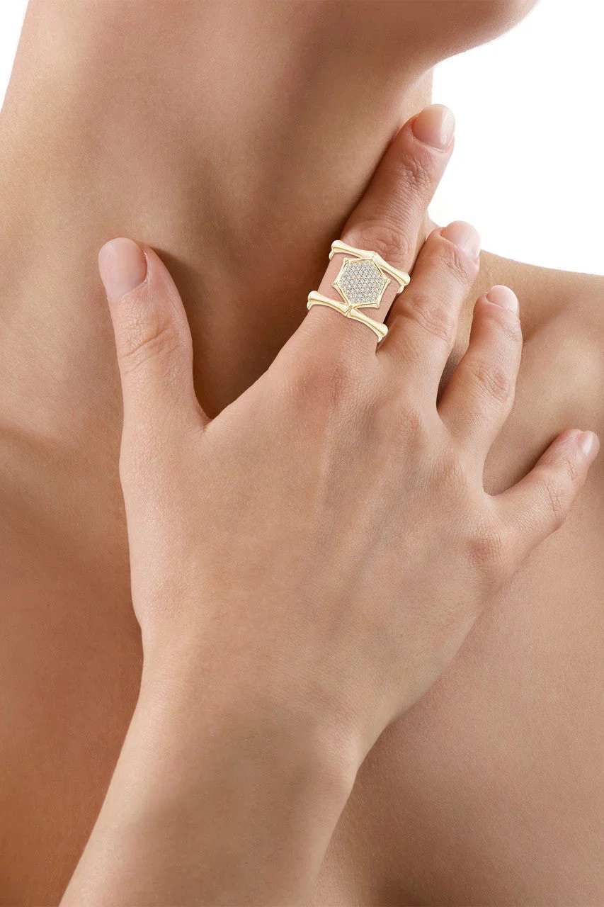 Indochine 14k Pave Diamond Hexagon Center Double Bamboo Band Cocktail Ring - Image 4