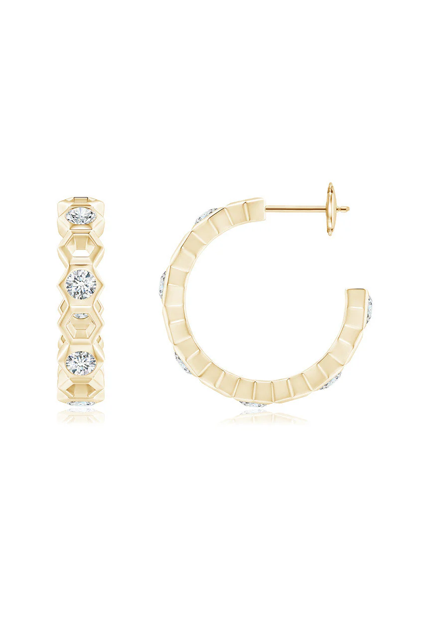 Indochine 14k Small Alternate Stacked Hexagon Diamond Hoop Earrings - Image 3
