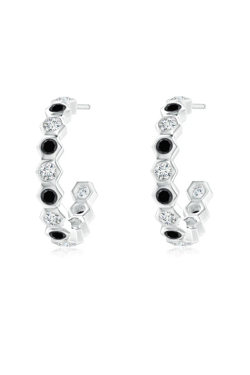 Indochine 14k Small Stacked Hexagon Black & White Diamond J-Hoop Earrings