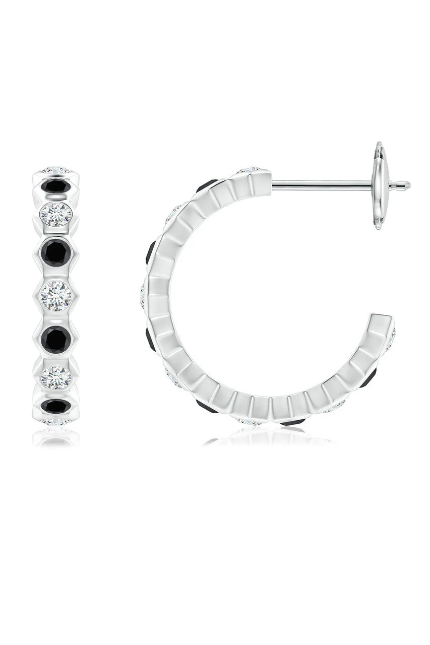 Indochine 14k Small Stacked Hexagon Black & White Diamond J-Hoop Earrings - Image 2