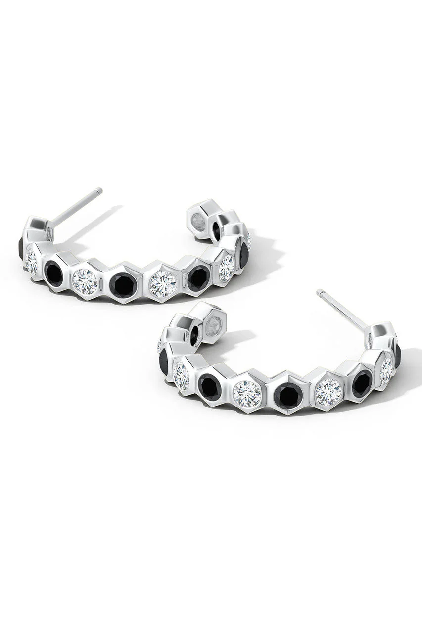 Indochine 14k Small Stacked Hexagon Black & White Diamond J-Hoop Earrings - Image 3