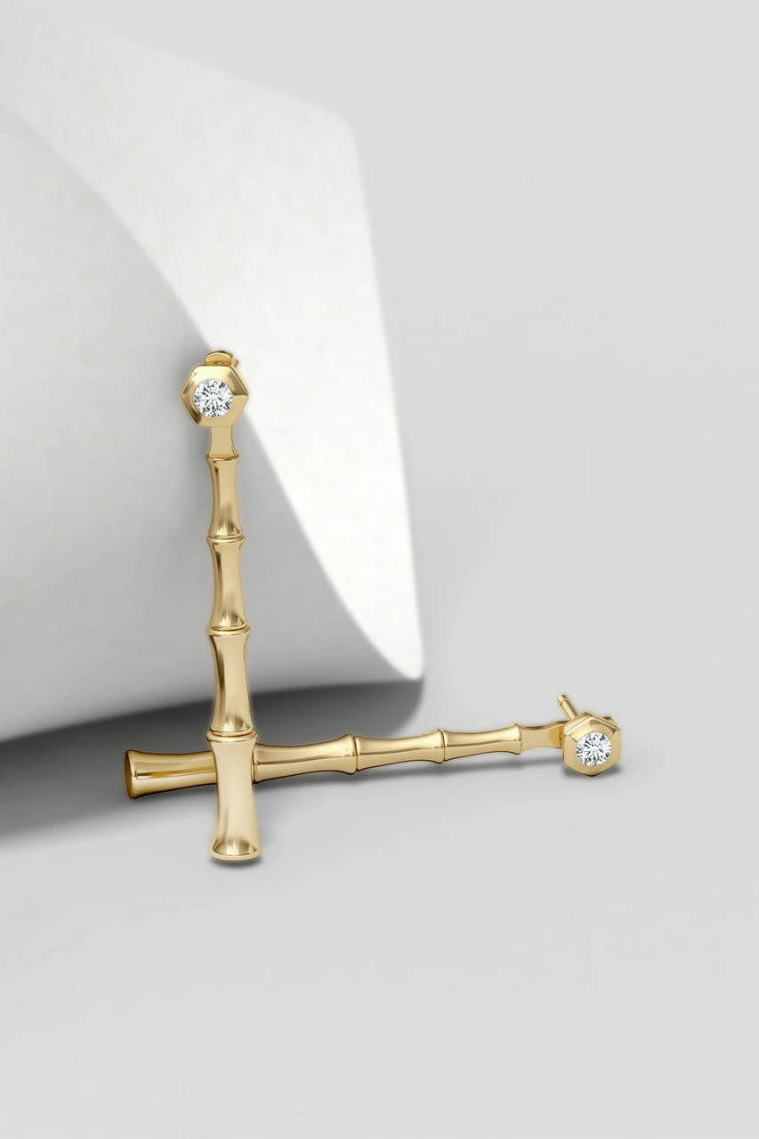 Indochine Bamboo 14k Diamond Multi-Wear Linear Earrings
