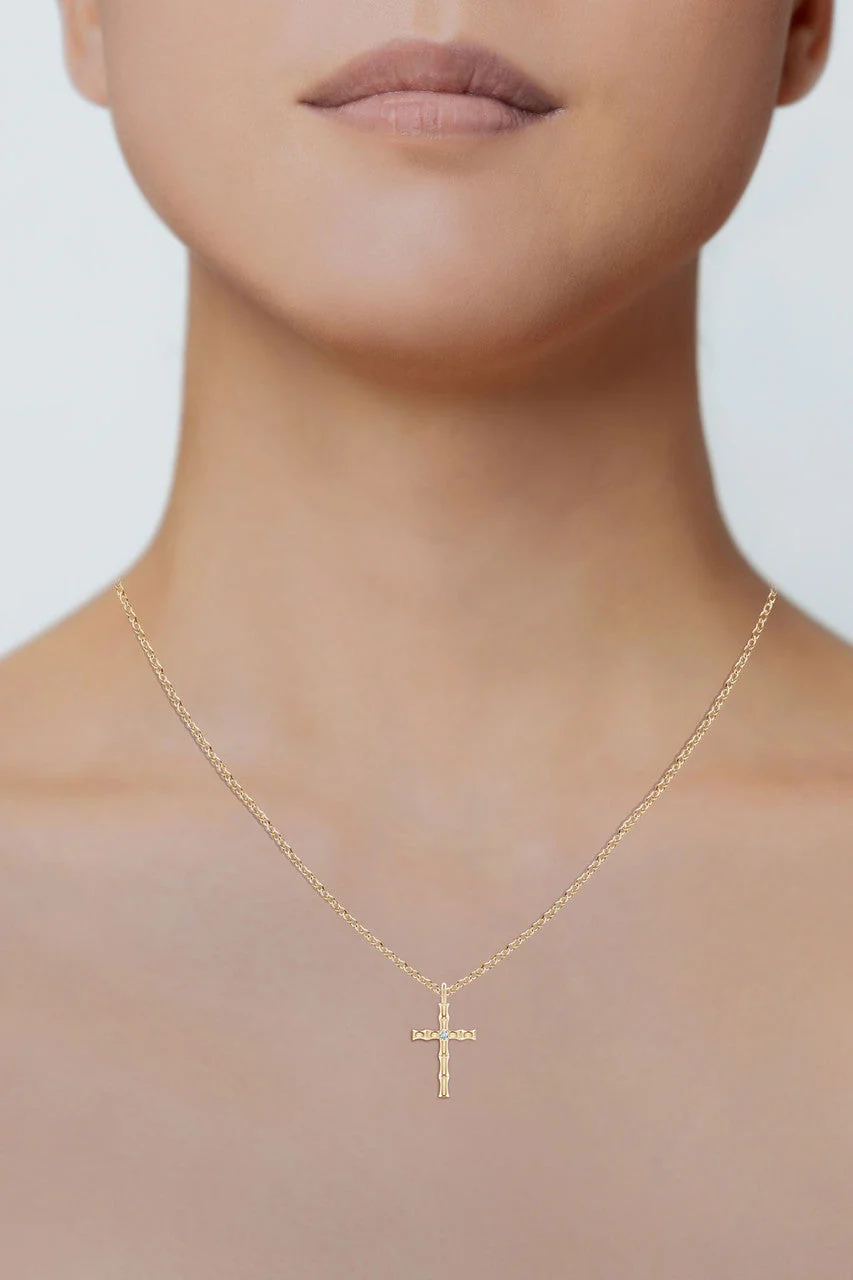 Indochine Spirit 14k Bamboo Cross Diamond Pendant Necklace - Image 5