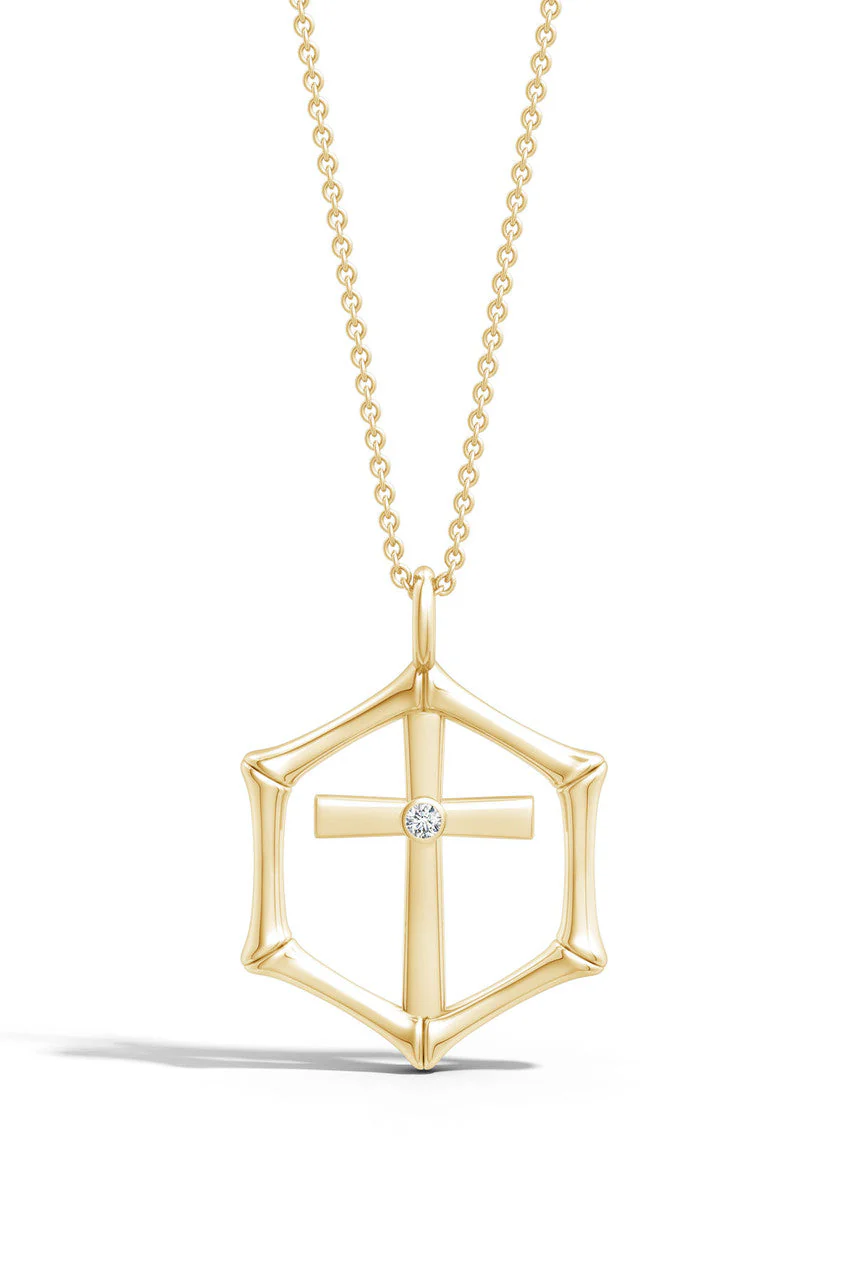 Indochine Spirit 14k Bamboo Frame Cross Diamond Pendant Necklace - Image 2