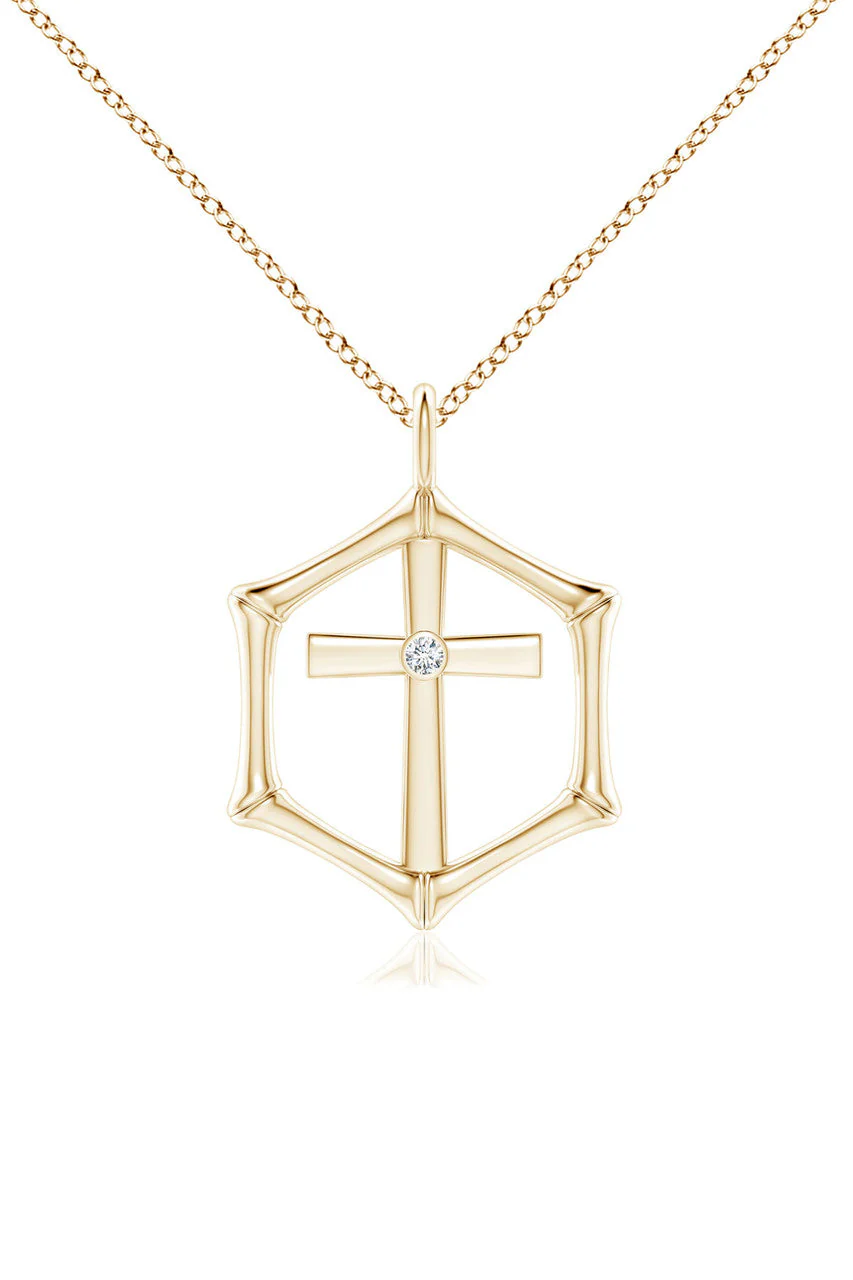 Indochine Spirit 14k Bamboo Frame Cross Diamond Pendant Necklace - Image 3