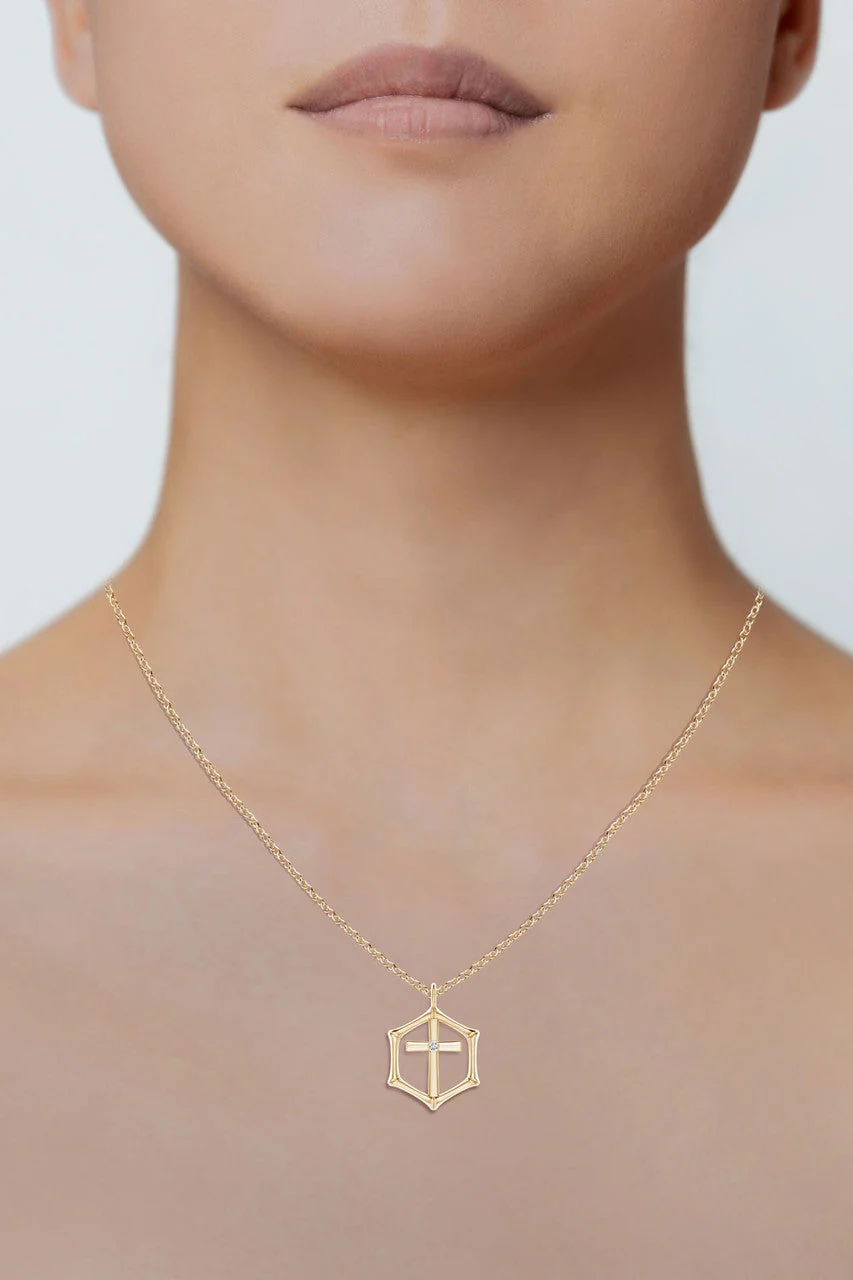 Indochine Spirit 14k Bamboo Frame Cross Diamond Pendant Necklace - Image 5
