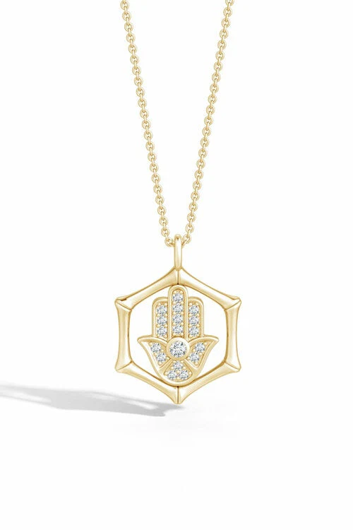 Indochine Spirit 14k Bamboo Frame Hamsa Diamond Pendant Necklace - Image 2