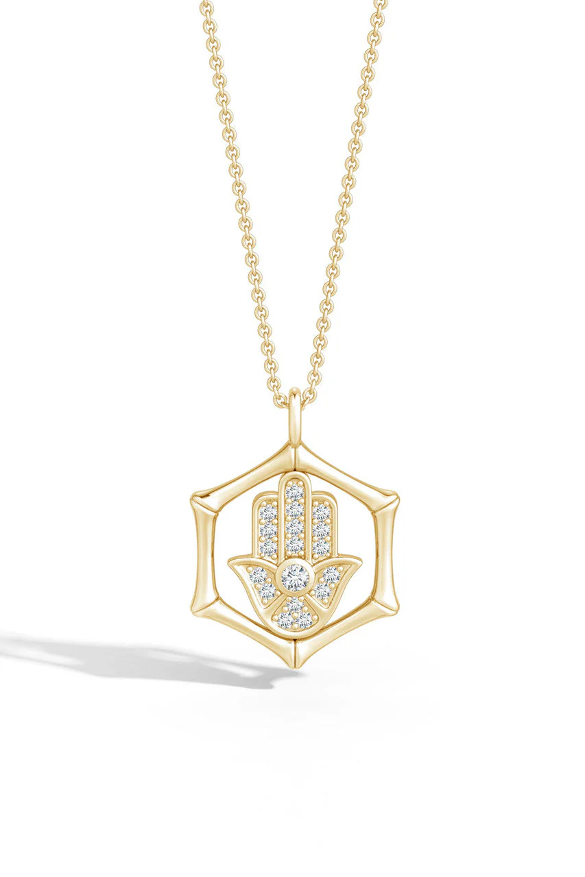 Indochine Spirit 14k Bamboo Frame Hamsa Diamond Pendant Necklace - Image 3