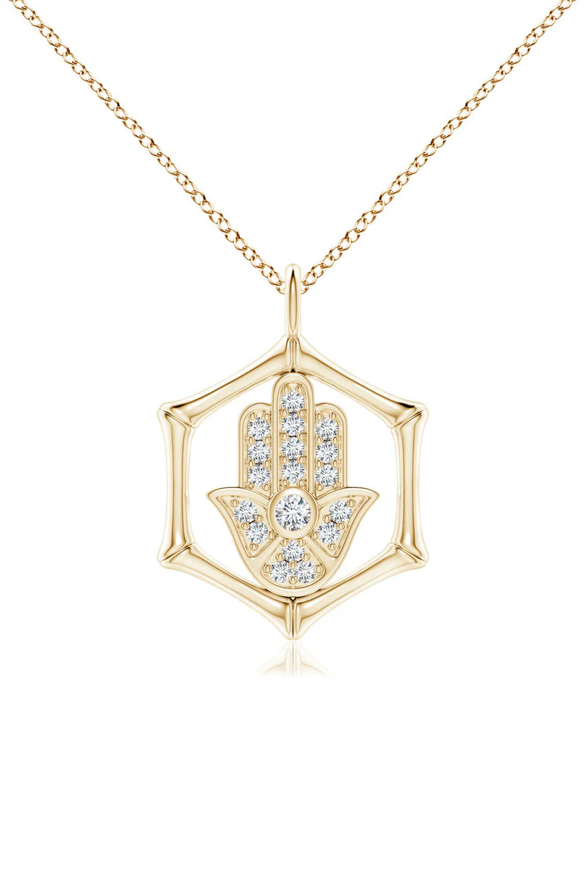 Indochine Spirit 14k Bamboo Frame Hamsa Diamond Pendant Necklace - Image 5
