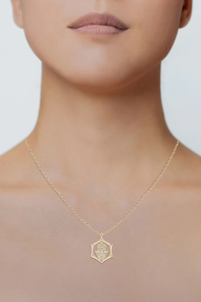 Indochine Spirit 14k Bamboo Frame Hamsa Diamond Pendant Necklace - Image 6