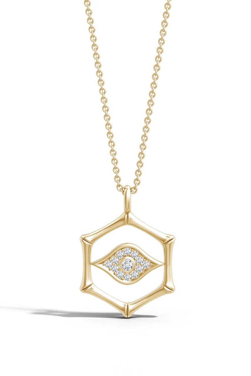 Indochine Spirit 14k Evil Eye Bamboo Hexagon Frame Diamond Necklace - Image 2