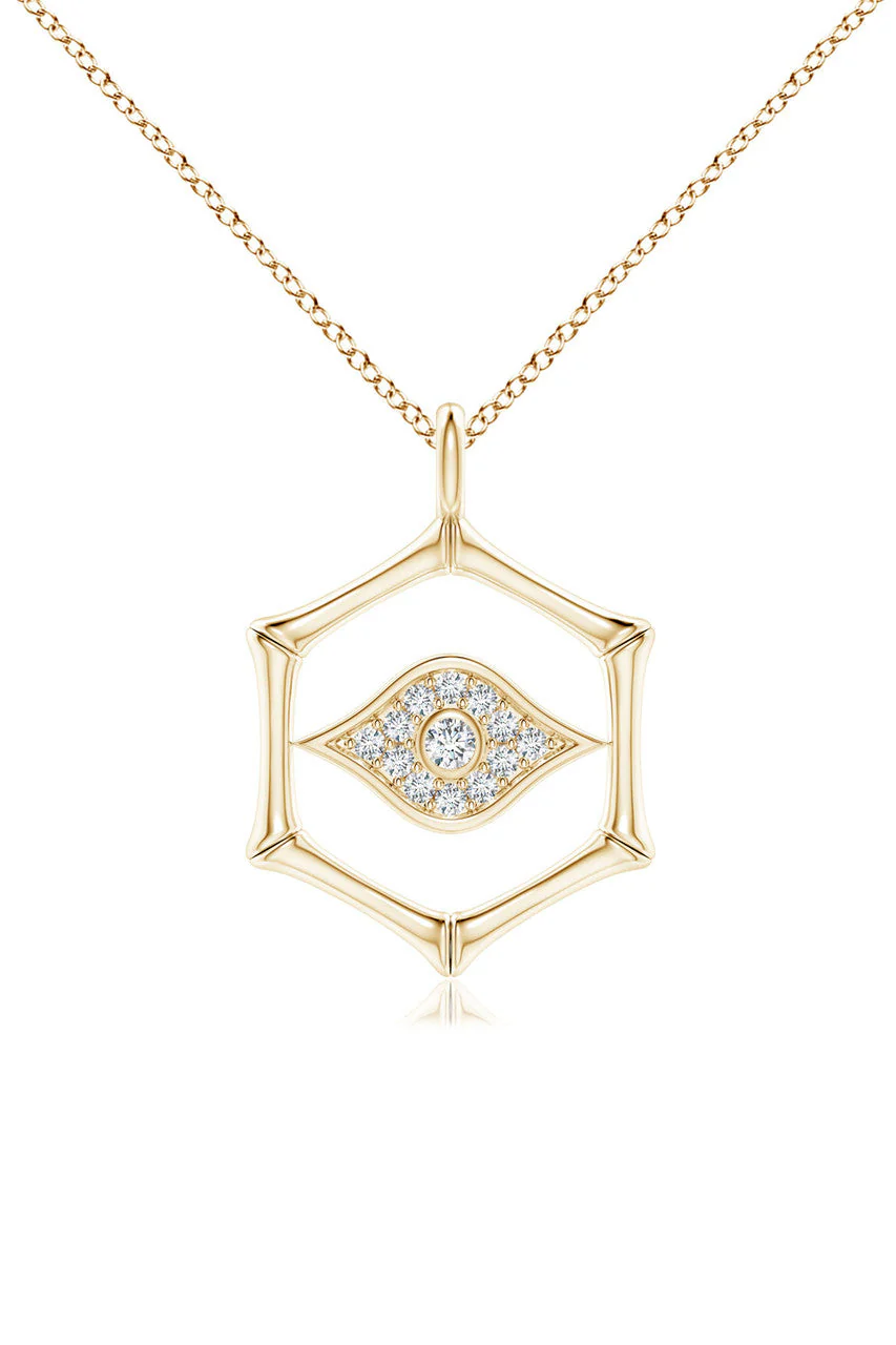 Indochine Spirit 14k Evil Eye Bamboo Hexagon Frame Diamond Necklace - Image 3