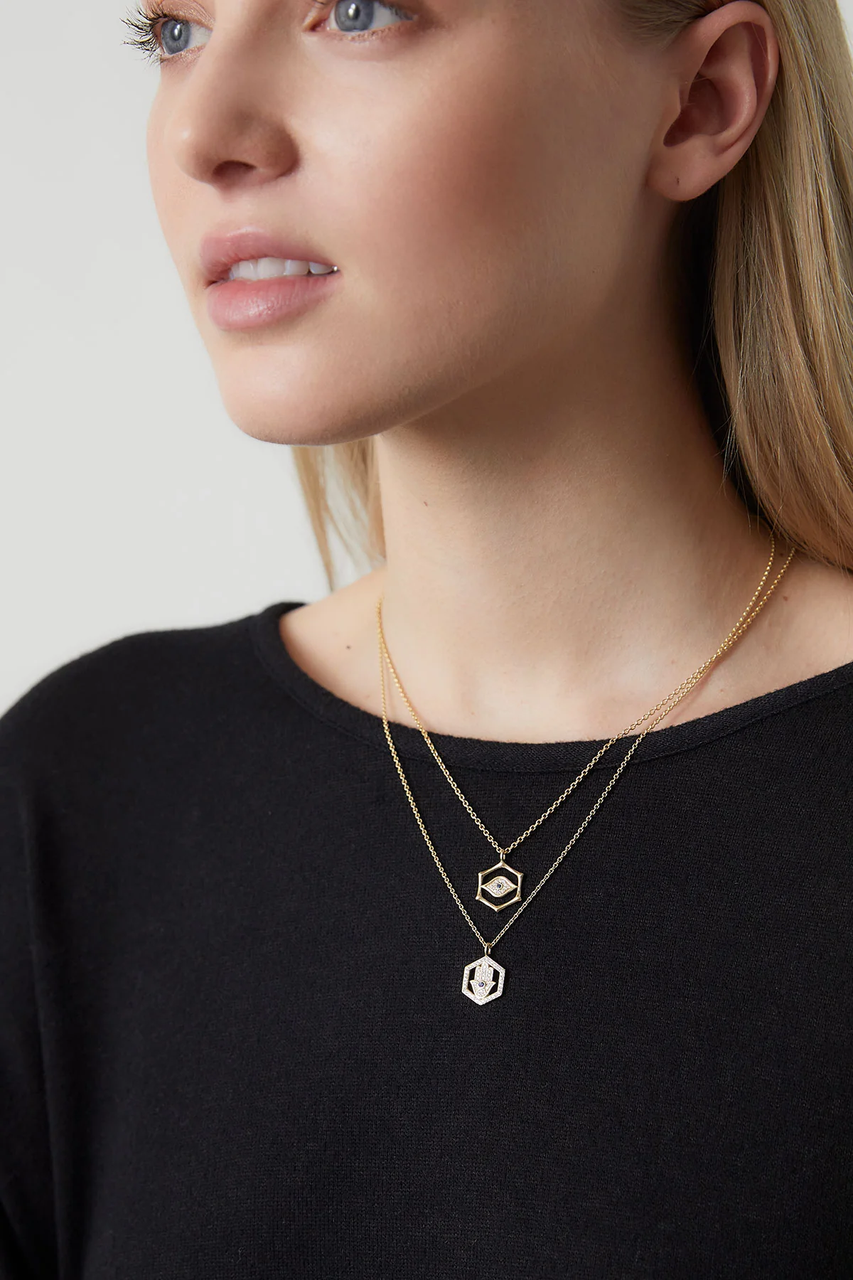 Indochine Spirit 14k Evil Eye Bamboo Hexagon Frame Diamond Necklace - Image 5