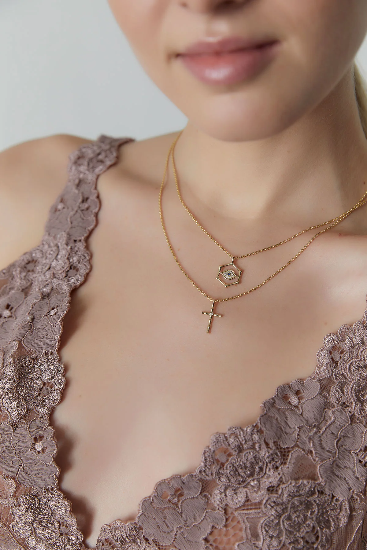 Indochine Spirit 14k Evil Eye Bamboo Hexagon Frame Diamond Necklace - Image 6