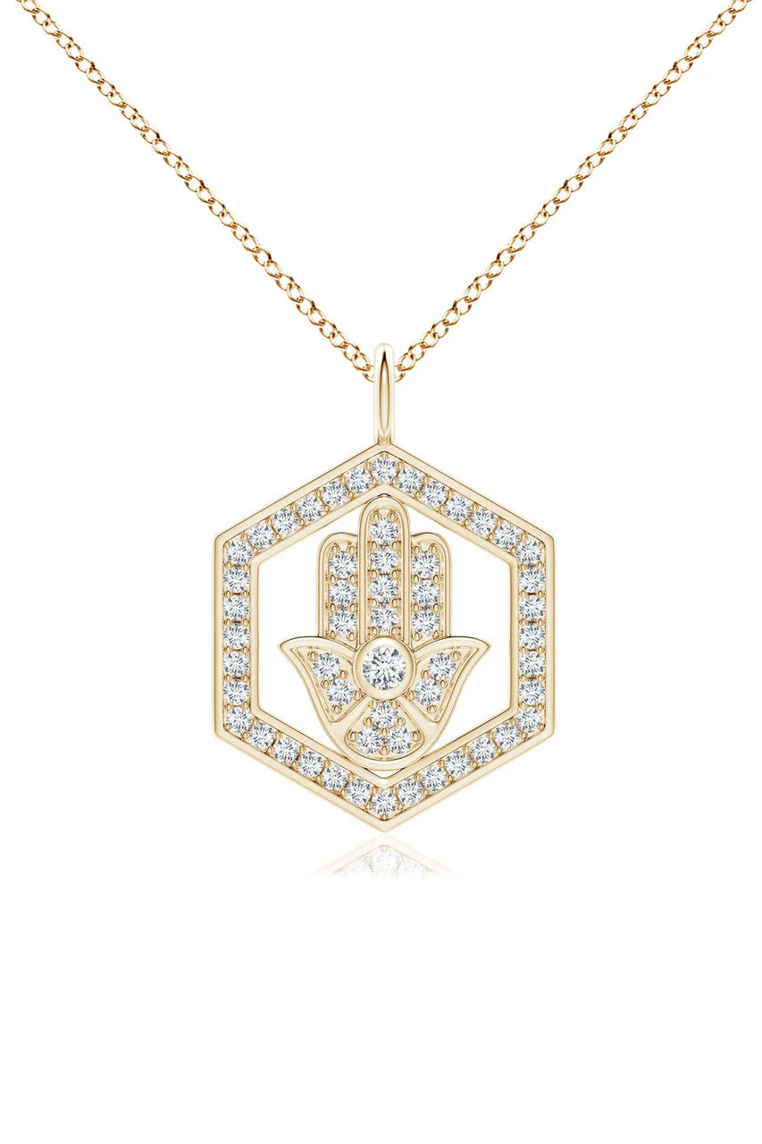 Indochine Spirit 14k Hexagon Frame Hamsa Pave Diamond Pendant Necklace - Image 2