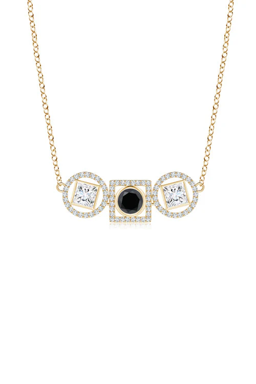 Infinity 14K Gold with Black & White Diamond Three Stone Halo Necklace