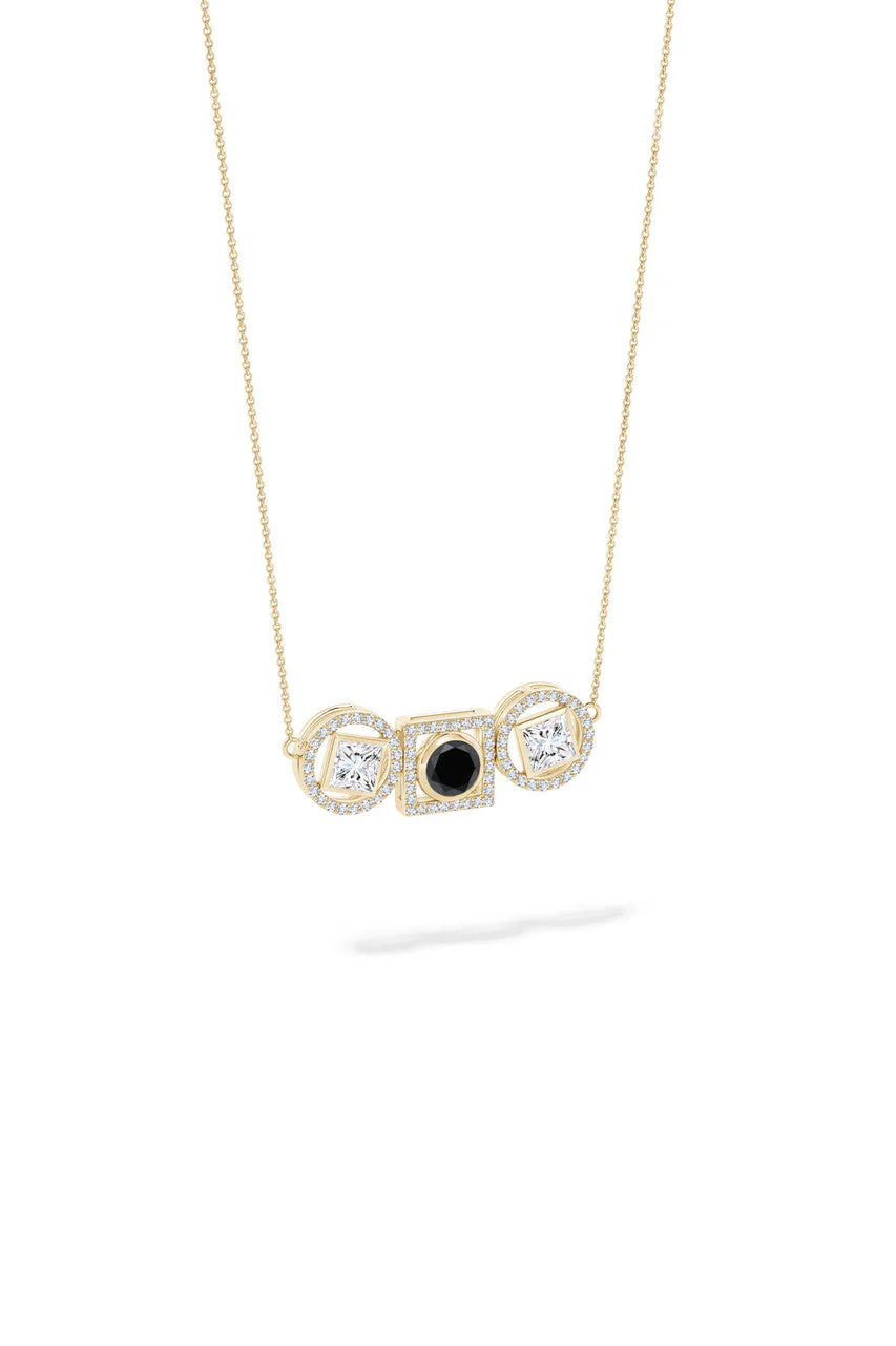 Infinity 14K Gold with Black & White Diamond Three Stone Halo Necklace - Image 3